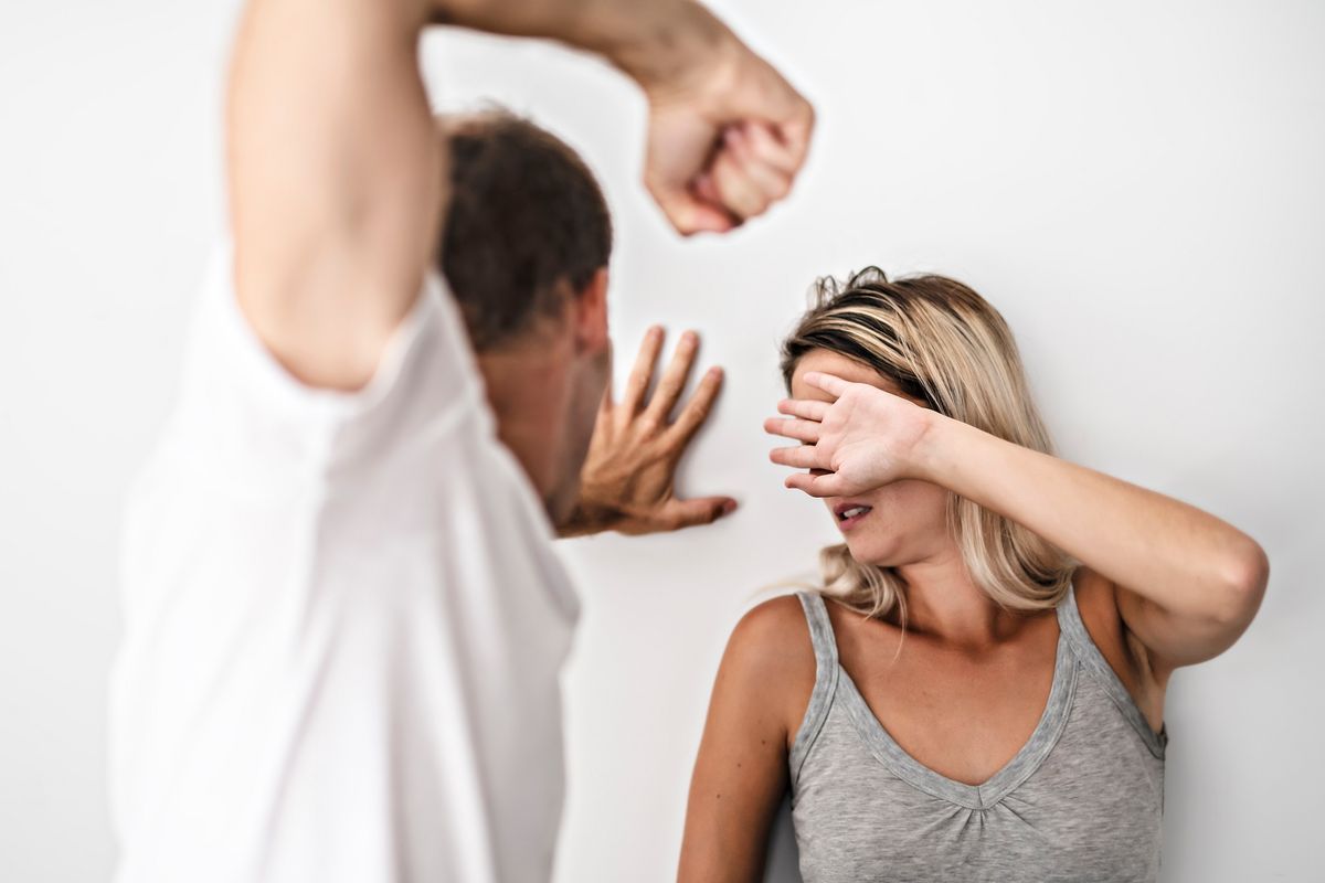 Man,Beating,Helpless,Woman,At,Home,White,Background