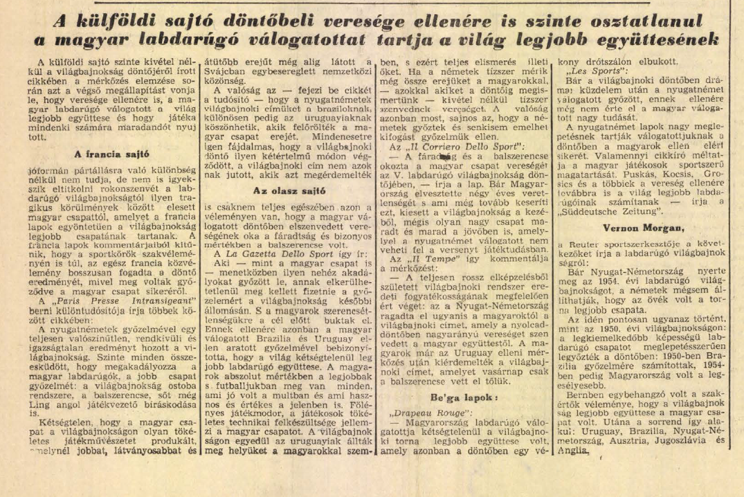 Tolnai Napló, 1954. július 7. – három nappal a berni döntő után megjelent lap