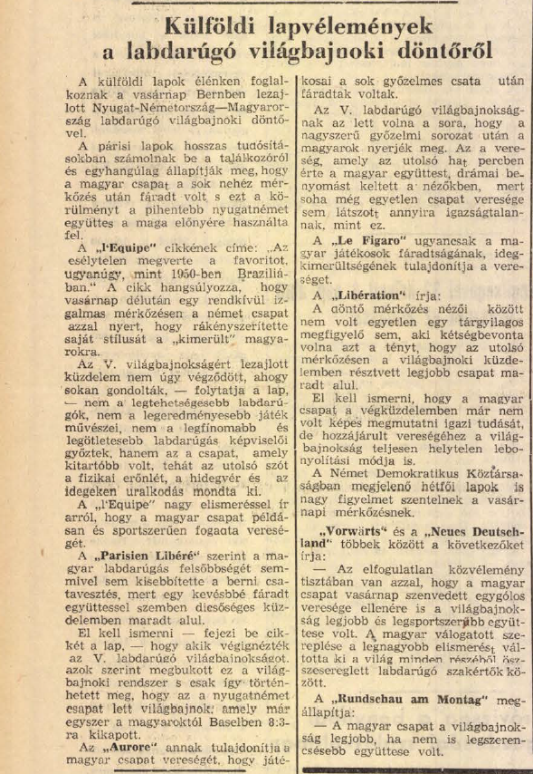 Tolnai Napló, 1954. július 7. – két nappal a berni döntő után megjelent lap