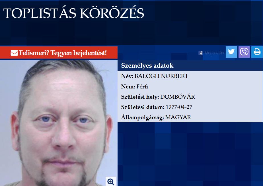 Balogh Norbert a harmadik helyen áll a hazai körözési toplistán
