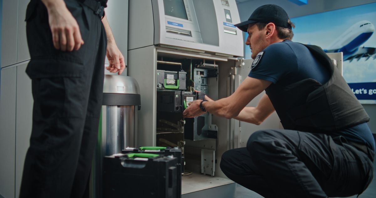 Professional,Guards,In,Uniforms,Performing,Atm,Encashment,Procedure,In,Airport